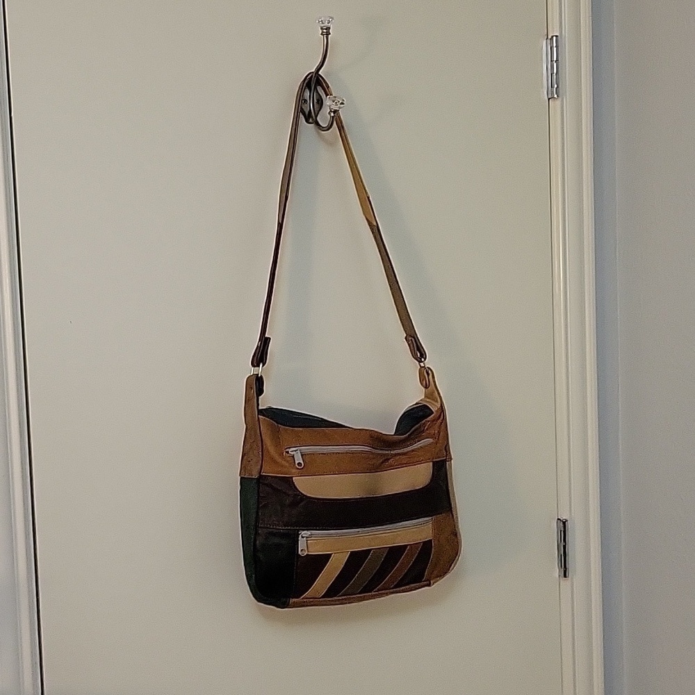 True Vintage 1970s Mexican Leather Colorblock Patchwork Hobo Shoulder Bag - Picture 3 of 12